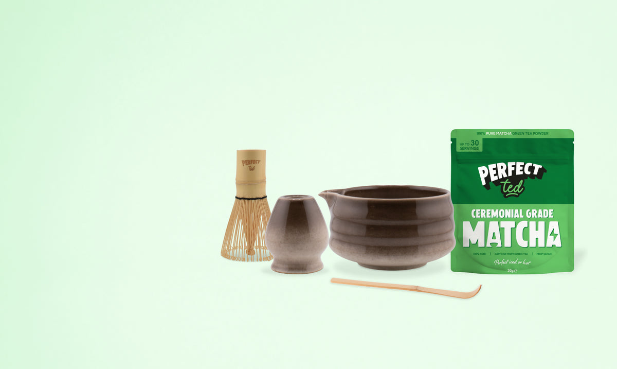 a bowl and a bag of matcha tea