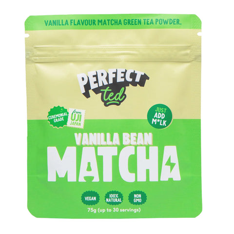 Front of a PerfectTed Vanilla Matcha Latte Pouch on white background