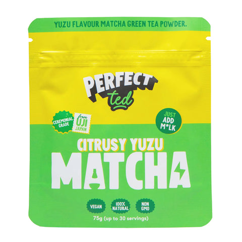 75g pouch of citrusy yuzu matcha latte powder