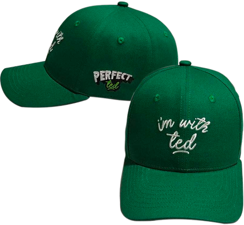 Side and front view of the PerfectTed Green Baseball Cap