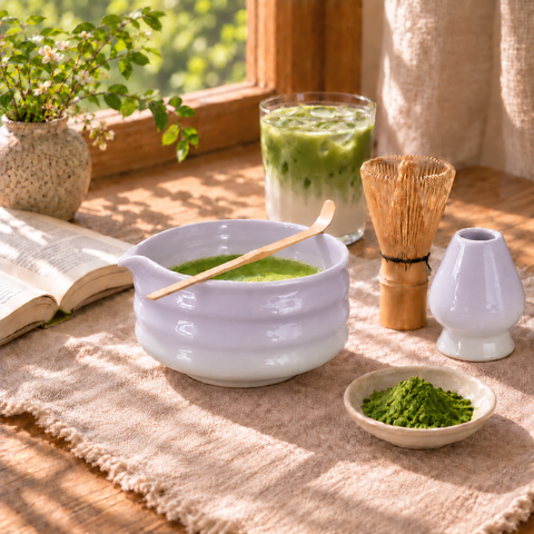 a bowl of green tea with a spoon next to a glass of green tea